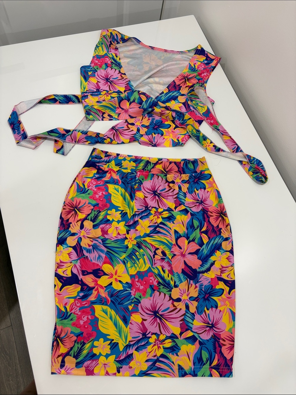 Tropical Floral Wrap Crop Top & Pencil Skirt Set - Multicolor